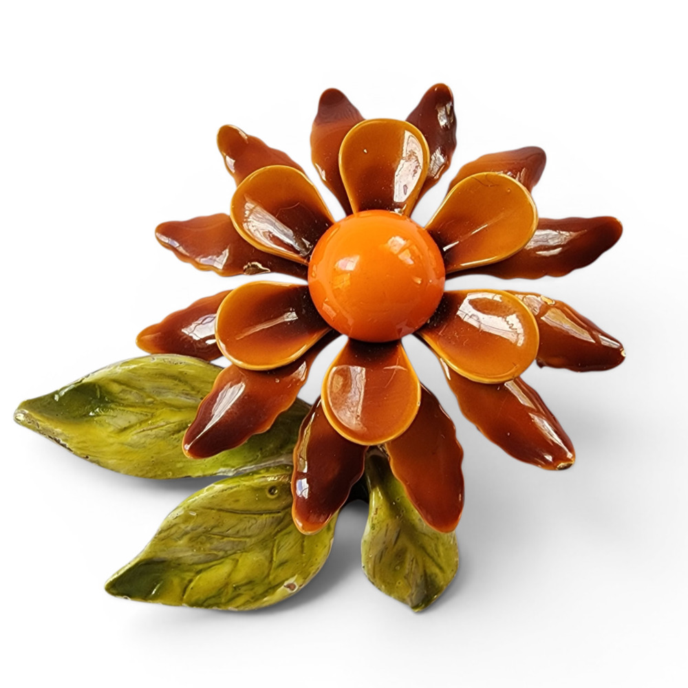 1960s Enamel Flower Pin Brooch Brown and Orange Mid Century Autumn Fall Fashion